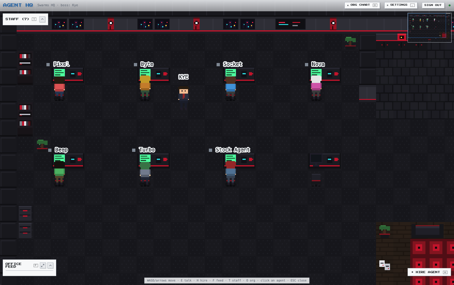 The full Agent HQ office in the Arasaka theme: seven named AI agents at desks with glowing monitors, the boss walking the floor, staff roster, office feed, minimap and org chart button around the edges