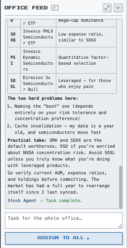 The live office feed: an agent finishing an ETF research task with a comparison table