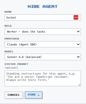 The hire modal: name, role, provider, model, and an optional system prompt