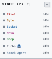 The staff roster: seven agents listed with accent colors and idle statuses